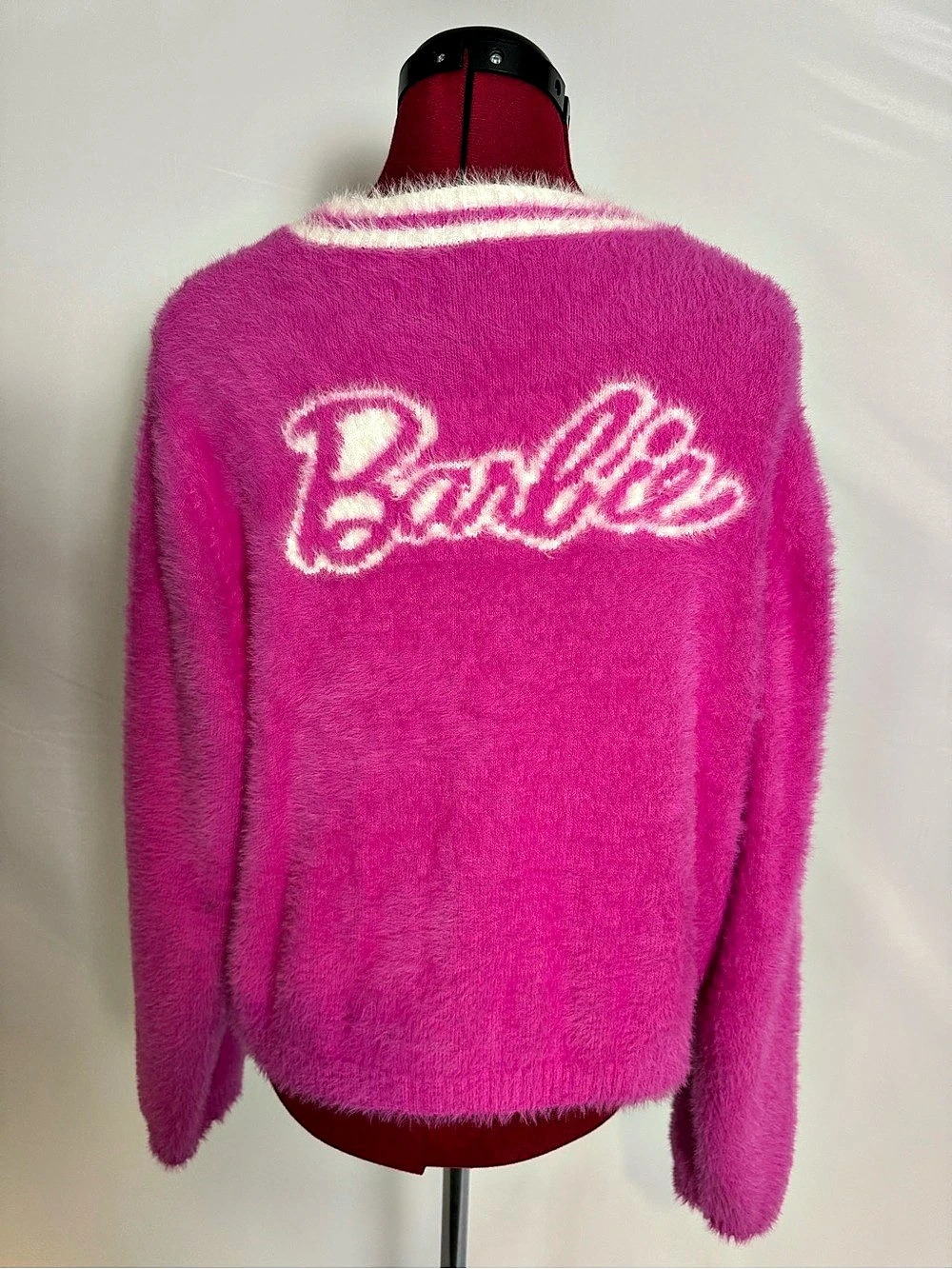 Barbie Cardigan Women's Size XL Pink & White Fuzzy 3-Button Long Sleeves - Picture 11 of 12